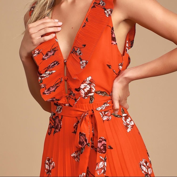 LULUS | Loved By You Red Orange Floral Print Long Pleated Chiffon Maxi Dress - Picture 13 of 13